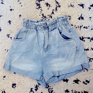 High waisted paper bag denim shorts
